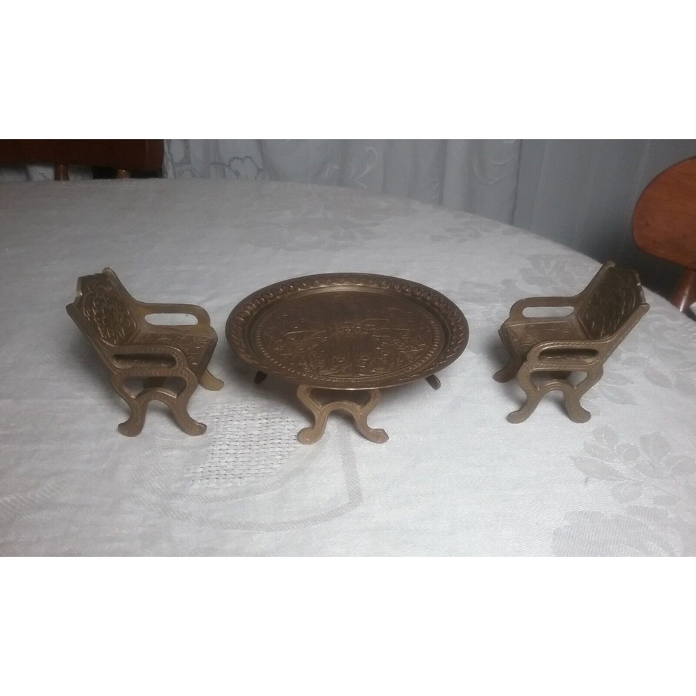 Vintage Brass  Dollhouse Table and 2 Matching Chairs Made in India